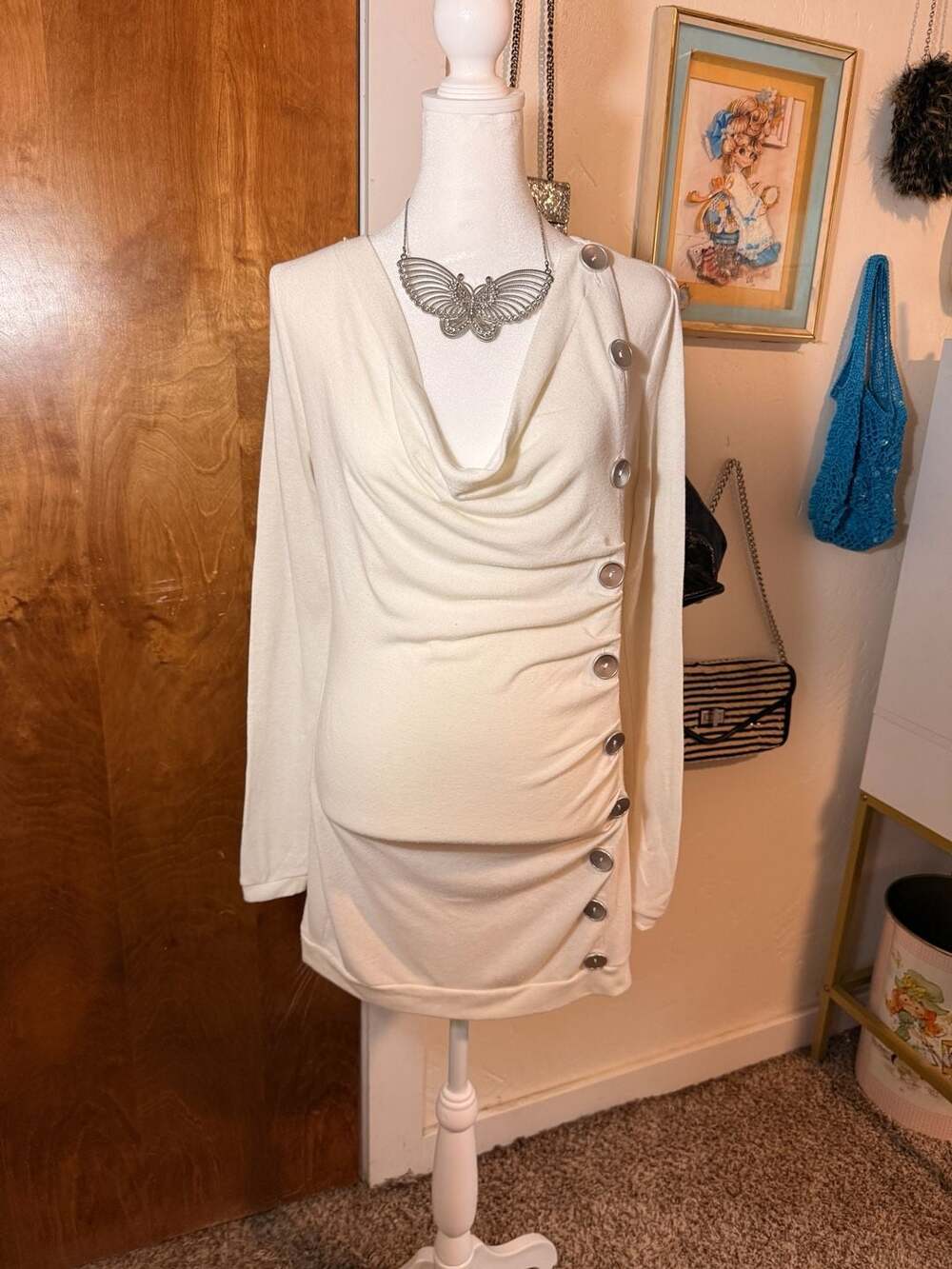 Vintage Venus Cowl Neck Side Button Ruched Tunic Sweater Dress